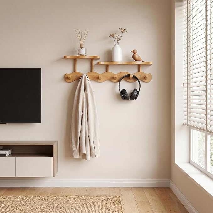 Wave-Shaped Bamboo Coat Rack Wall Mount with Shelves - Modern Decorative Wall Hooks for Entryway, Bathroom & Bedroom,Eco-Friendly Organic Wood Wall Mounted Rack for Hanging Coats, Bags, Keys 6 Hooks