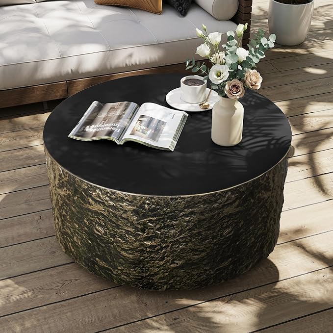 UPHA 28" Round Outdoor Coffee Table, Modern Hollow Concrete Patio Table, Small Minimalist Low Accent Table for Living Room, Balcony, Deck, Backyard, Bronze