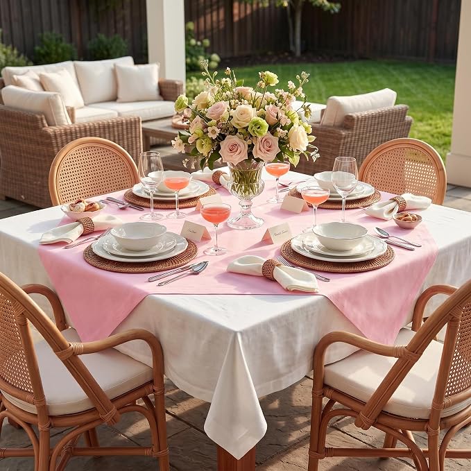 Solino Home Linen Square Tablecloth 52 x 52 Inch - 100% Pure Linen Pink Lemonade Table Throw - Fete, Machine Washable Table Cloth for Summer