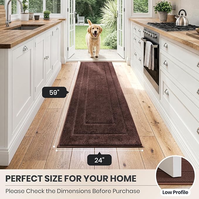PURRUGS Dirt Trapping Door Mat 24" x 59", Non-Slip/Skid Machine Washable Entryway Rug, Dog Doormat, Super Absorbent Welcome Mat for Muddy Wet Shoes and Paws, Brown
