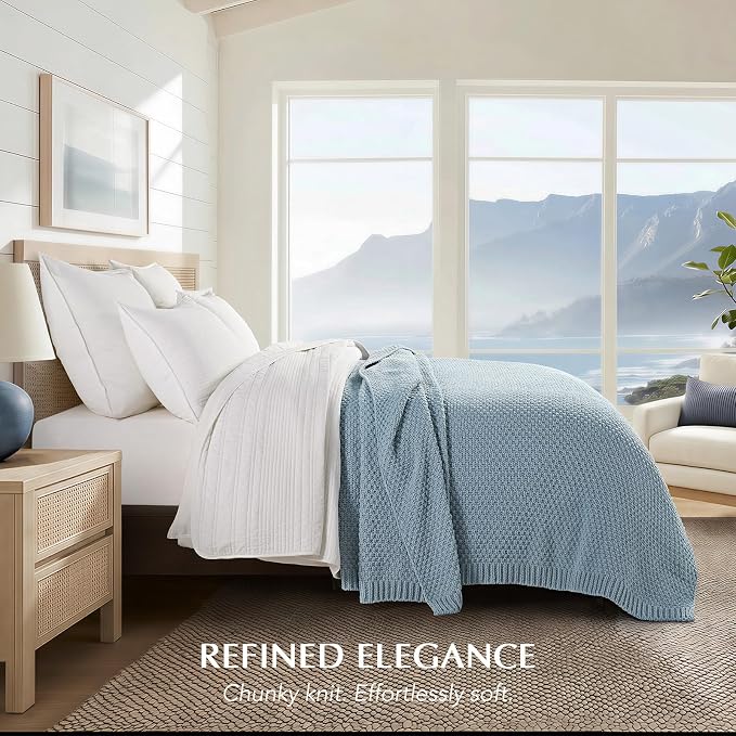 EVERGRACEHOME Chunky Polyester Knit Throw Blanket for Couch, Soft Luxurious Oversized King Moss Stitch Blanket for Bed, Large Cozy Farmhouse Knitted Throw for Sofa, Chambray Blue, 108" x 92"