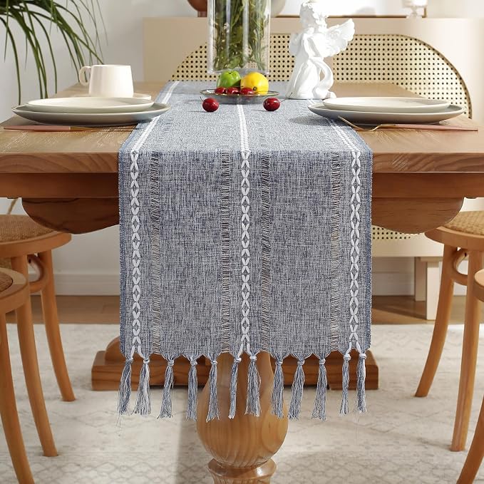 Rustic Boho Table Runner, Farmhouse Table Runners 72 Inches Long for Kitchen Dining Room, 13x72 Inches, Blue Lines