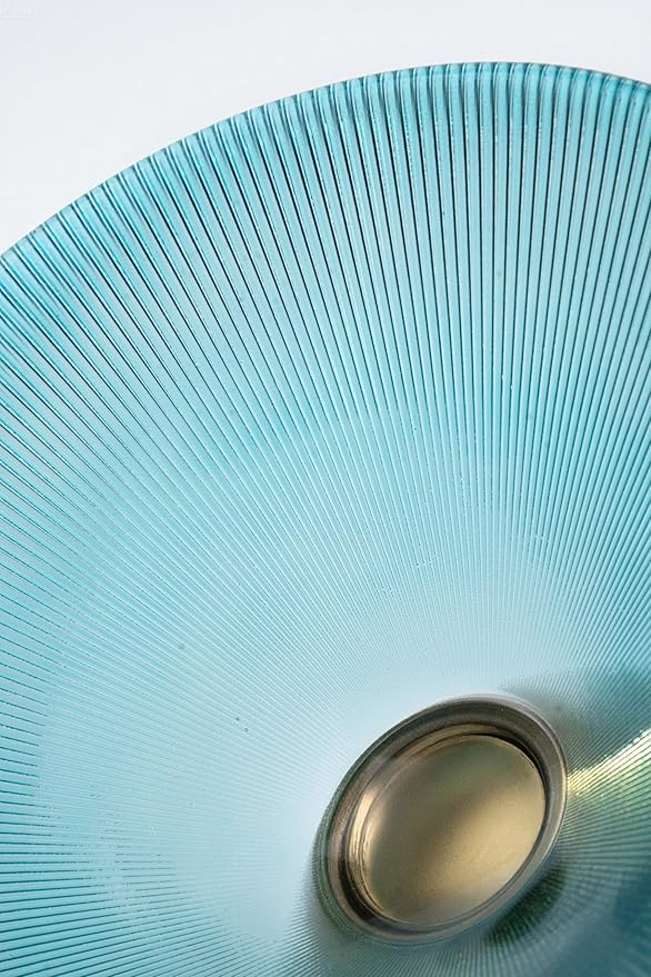 Tapered Glass Decorative Bowl (Blue), 9.8 Inches Handblown Striped Design Glass Bowl with Rust Resistant Metal Base,Decorative Fruit Bowl for Home Decor,Table Centerpiece,Kitchen Island,Dining Decor