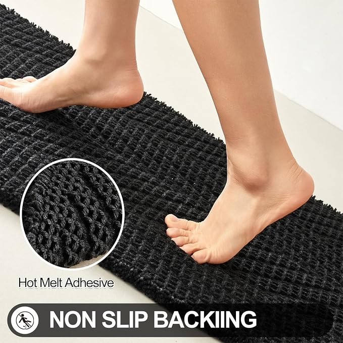 Sunfly Black Bathroom Rug, Waffle Bath Mat Non-Slip Washable Super Absorbent Quick Dry,Quick Drying，Boho Farmhouse Bathroom Decor 16"x24" Black