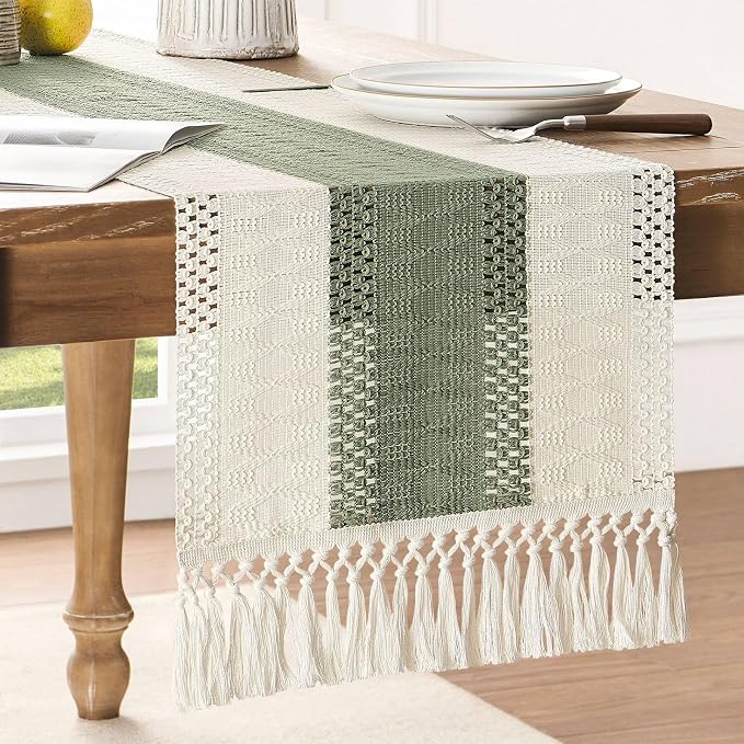 ZeeMart Macrame Style Bicolor Stitching Table Runner, 14 x 90 Inch Green/Ivory, Boho Sage Green Table Runners 90 Inches Long, Farmhouse Woven Home Decor