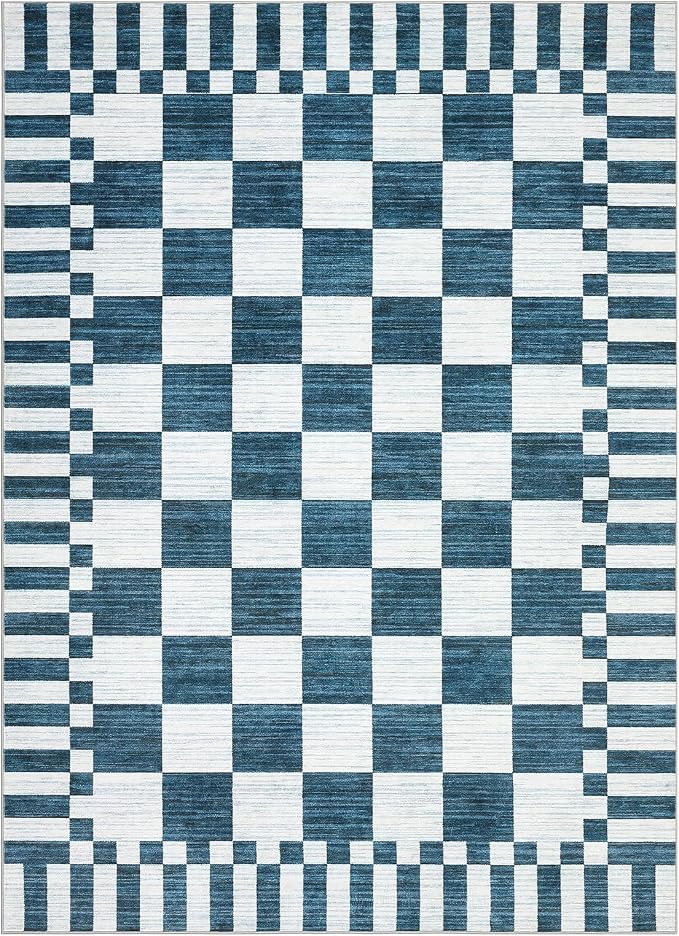 GarveeHome Blue and White Checkered Rug 6×9 Area Rugs for Living Room,Non-Slip Washable Rug Soft Low-Pile, Modern Farmhouse Geometric Rugs for Bedroom Dining Room