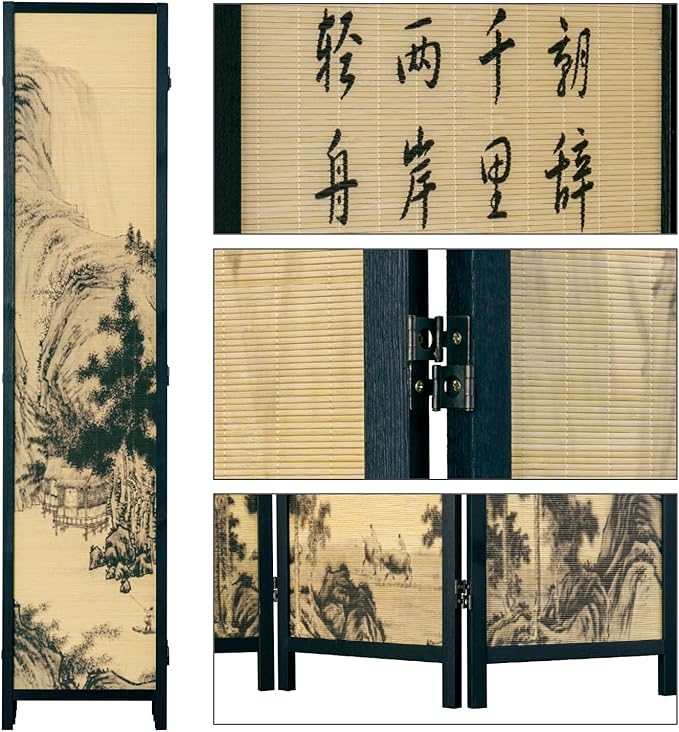 MyGift Decorative 6 Panel Folding Room Divider Bamboo Screen with Chinese Calligraphy Design, 6FT Freestanding Floral Artwork Room Partitioner with Black Wood Frame 94.5''W x 69''H