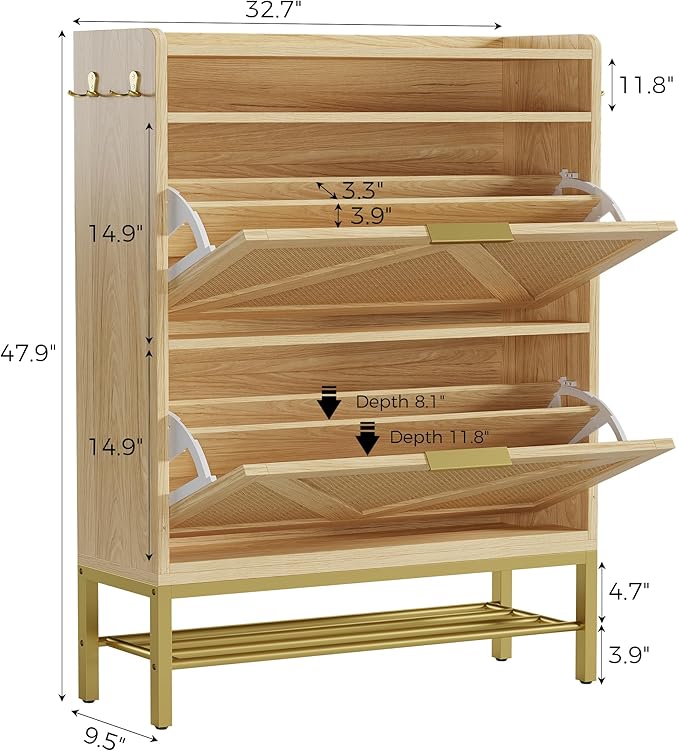 IRONCK Shoe Cabinet with 2 Flip Drawers, 48.3" H x 34.2" W x 10.2" D, Rattan Shoe Storage Organizer Cabinet with 4 Side Hooks, Free Standing Narrow Shoe Rack Cabinet for Entryway, Natural Oak