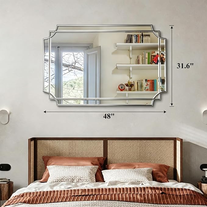 Geometric Beveled Mirror, 48" x 31.6" Silver Art Deco Mirror with Silver Wood Frame, Large Rectangle Accent Wall Mirror for Entryway Bathroom Living Room Bedroom, Horizontal/Vertical Hanging