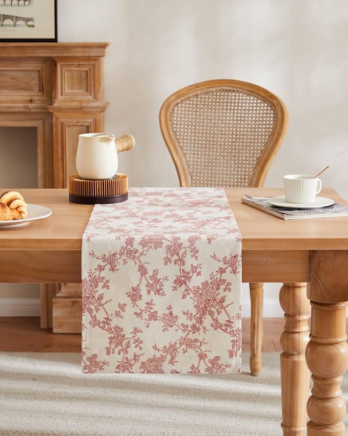 100% Cotton French Pastoral Table Runners, 13x108 Inch red Farmhouse Table Runners 108 Inches Long, Vintage Flowers Print Home Decors