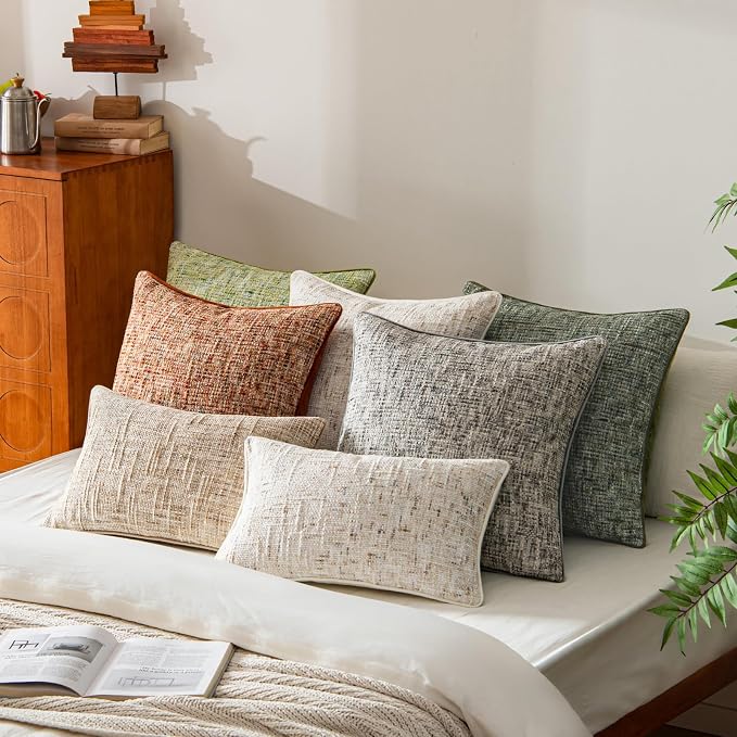 a moment Beige Reversible Pillow Covers 2 Pack - Farmhouse Chenille Velvet Throw Pillows, Neutral Textured Decorative Throw Pillow Covers with Border for Couch Sofa Bed (24x24 Inch, No Insert)