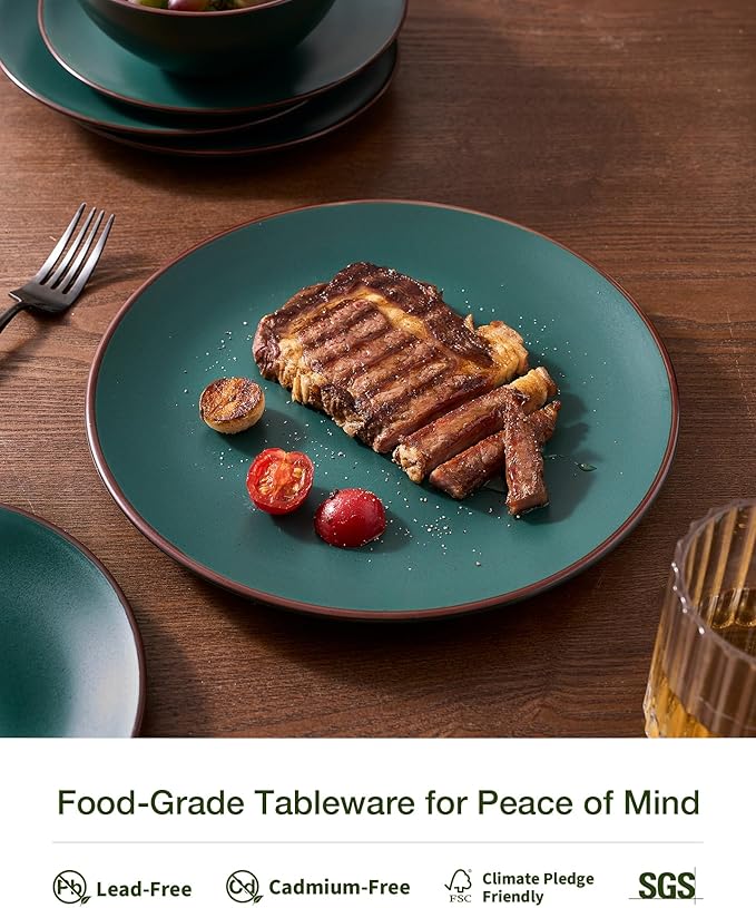 Famiware Venus 12-Piece Plates and Bowls Sets for 4, Stoneware Dinnerware Set with Trim, Modern Minimalist Dishes for Everyday & Formal Use, Chip Resistant, Microwave/Dishwasher Safe, Matte Dark Green