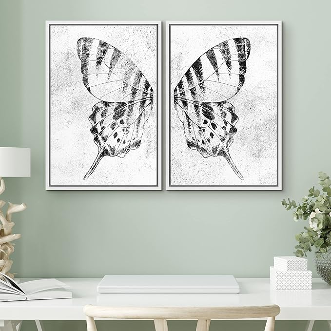 SIGNWIN Framed Canvas Print Wall Art Set Black & White Monarch Butterfly Wing Insect Nature Wilderness Illustrations Modern Art Rustic Relax/Calm for Living Room, Bedroom, Office - 16"x24"x2 White