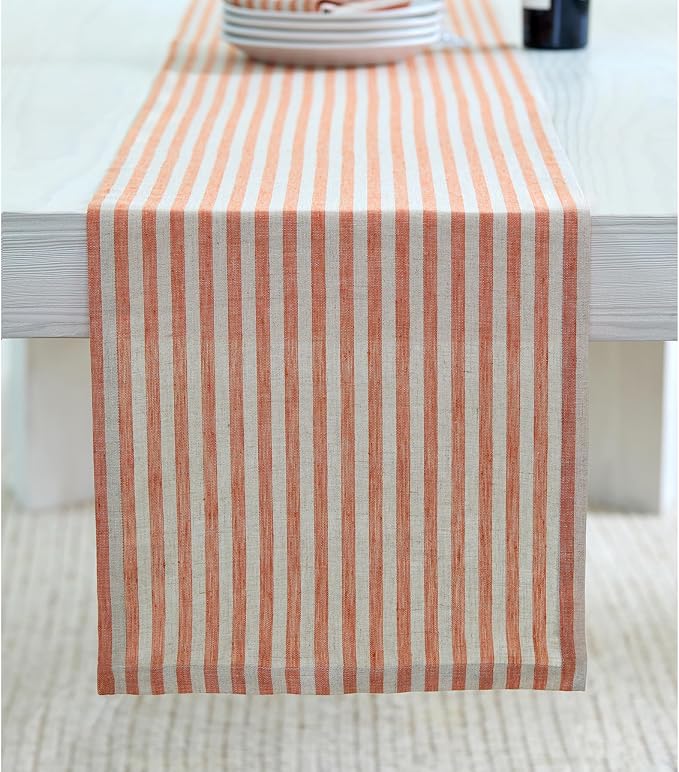 Solino Home Table Runner 144 Inches Long - Amalfi Stripe, 100% Pure Linen Pumpkin and Natural Table Runner 14 x 144 Inch for Dining