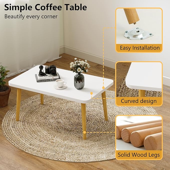 Square Coffee Table Low Table with 4 Solid Wood Sturdy Legs,Floor Table Desk for Sitting on The Floor,19.7"D x 31.5"W x 16"H Inches,Living Room/Toy room Furniture,Rental house Furniture (White-Square)