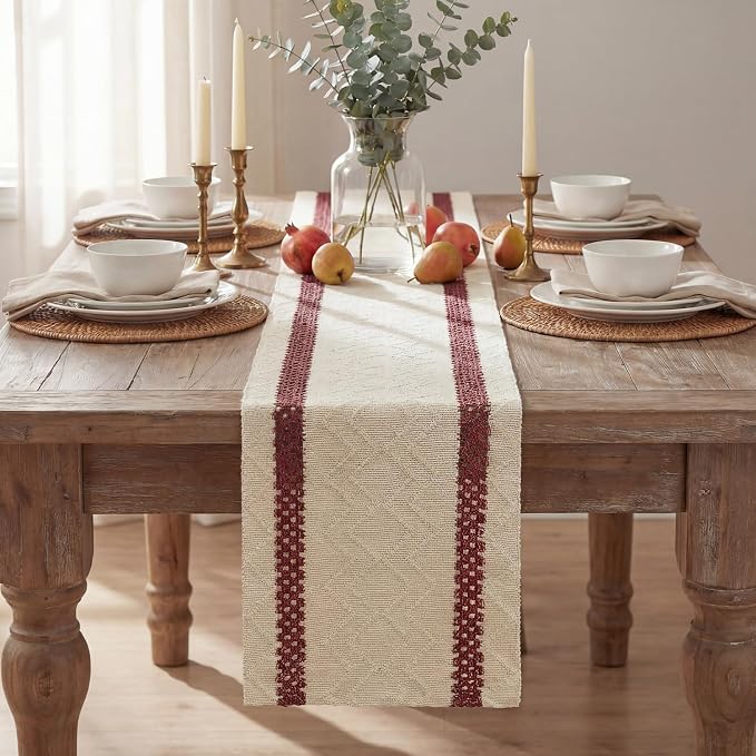 Artoid Mode Red Stripe Woven Table Runner, Seasonal Holiday Hollow Kitchen Dining Table Decoration for Home Party Decor 12x72 Inch