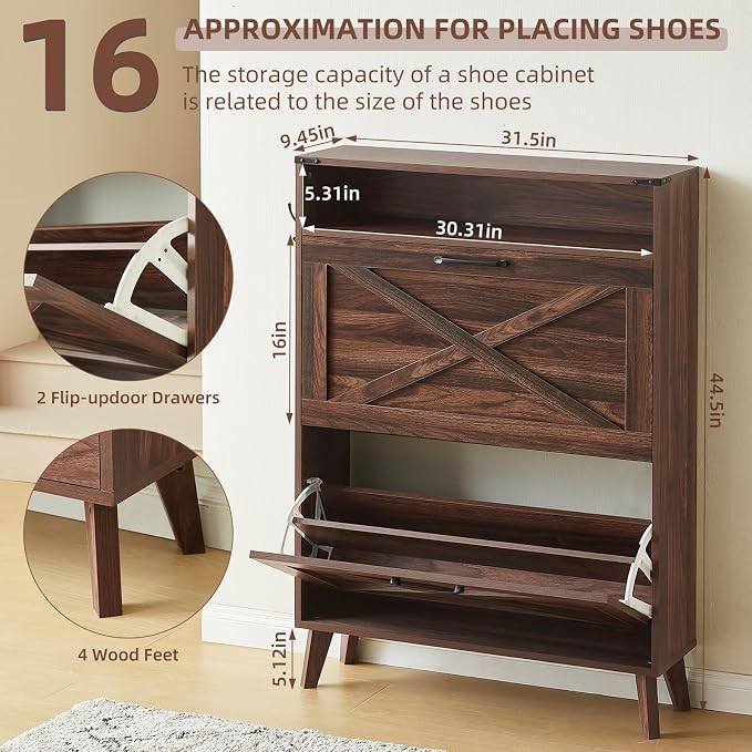 Joaxswe Shoe Cabinet Storage for Entryway with 2 Flip Drawers 2 Hook Open Storage Layer Rack Narrow Organizer Slim Hidden Wood Shoe Cabinet Furniture Walnut