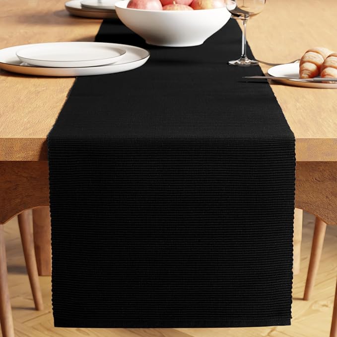 Encasa XO Dining Table Runner 13"x79" | Yarn Dyed Fine Ribbed Cotton | Solid Black | Machine Washable