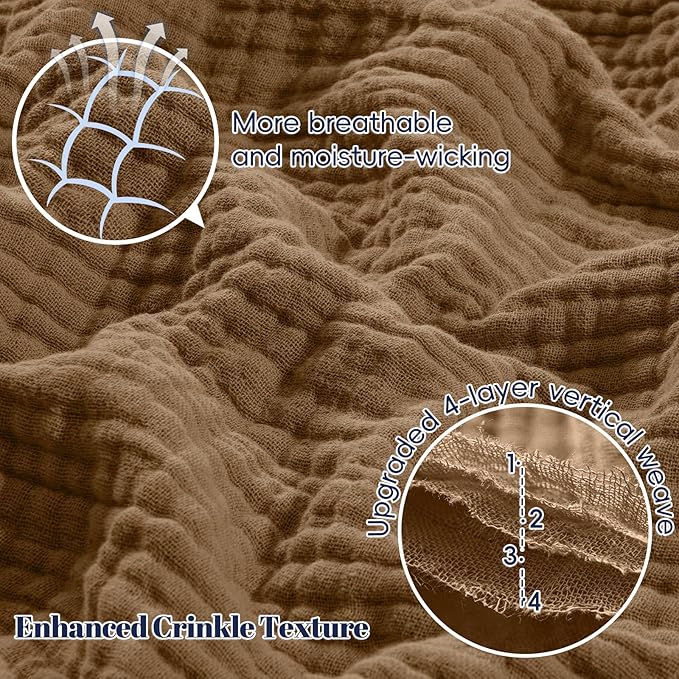 PHF 100% Cotton Muslin Throw XL Blanket Large 50" x 70", 4-Layer Lightweight Gauze Throw, Breathable Cloud-Soft Minimalist Blanket for Bed, Couch, Camping, Coco Brown, Ideal Gift