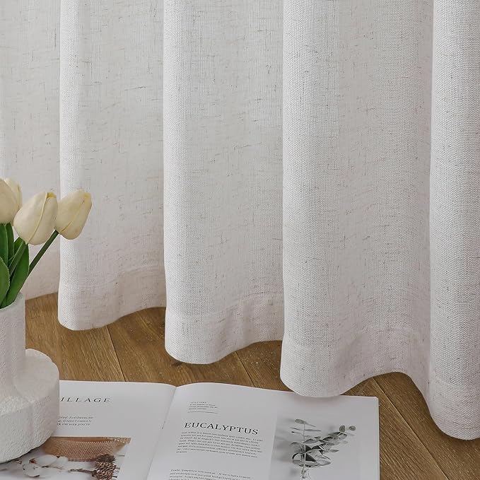 Ivory Linen Semi Sheer Curtains 90 Inches Long, Flax Light Filtering Curtains & Drapes for Bedroom, White Oatmeal Window Treatments, Retro Farmhouse Pinch Pleat Ceiling Curtain with Hooks