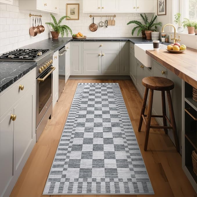 GarveeHome 2×5 Kitchen Runner Rug Non Slip,Grey Checkered Rug,Washable Runner Rug for Hallway Soft Low-Pile Geometric Checkerboard Rugs for Entryway Kitchen Dining Room