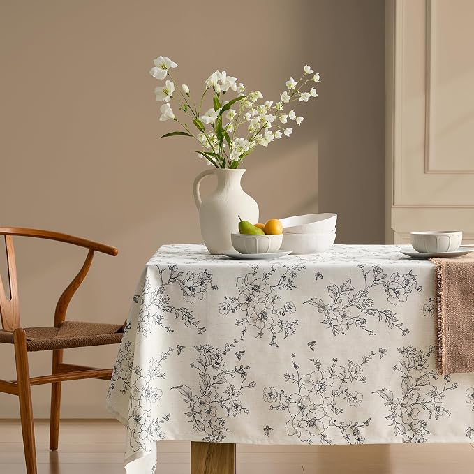 Farmhouse Rustic Floral Tablecloths Rectangular Vintage French Linen Tablecloth Black Flowers Pattern Burlap Textured Outdoor Table Cover for Picnic,Dining,Party,Home Decor 55x102 Inch