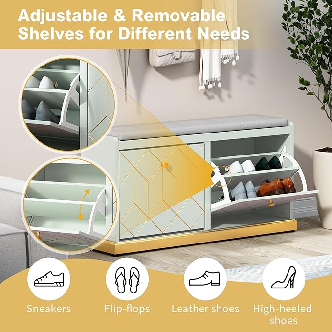 HLR Shoe Bench with Storage, Modern Entryway Bench with 2 Flip Drawer & Padded Cushion Seat, Shoes Storage Bench for Hallway, Closet, Living Room, Green Shoe Storage Cabinet with Bench