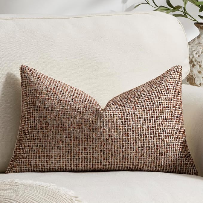Pack of 1 Neutral Lumbar Pillow Covers 12x20 Boho Textured Dots Stripe Chenille Rectangular Decorative Throw Pillow Cases Accents for Living Room Couch Bed Farmhouse Home Decor, Brick Red