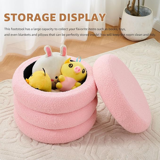 Wimarsbon Round Storage Ottoman, Modern Sherpa Footstool, Teddy Vanity Stool with Flip-Top Tray, Makeup Chair for Home Decor, Upholstered Footrest for Living Room & Bedroom (Pink L)