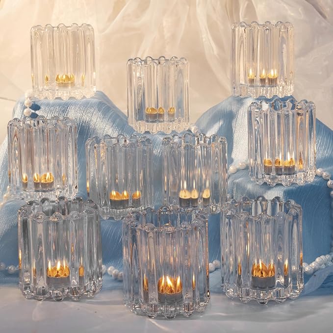 10Pcs Clear Glass Candle Holders - Decorative Ribbed Votive Candle Holders for Warm Glow, Tealight Candle Holder for Wedding Centerpieces Dinner Party Table Decor (for Candles Under 1.8")