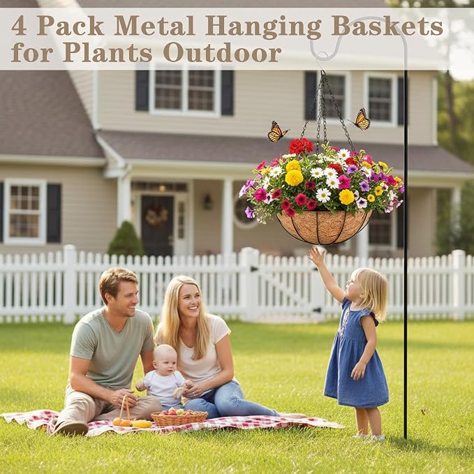 EIMQUVW 4 Pack Black Metal Round Hanging Basket 12 Inch Decorative Outdoor Coconut Fiber Planter with Chain Classic Hanging Flower Pots are Ideal for Gardens Patios Porches and Vertical Planting