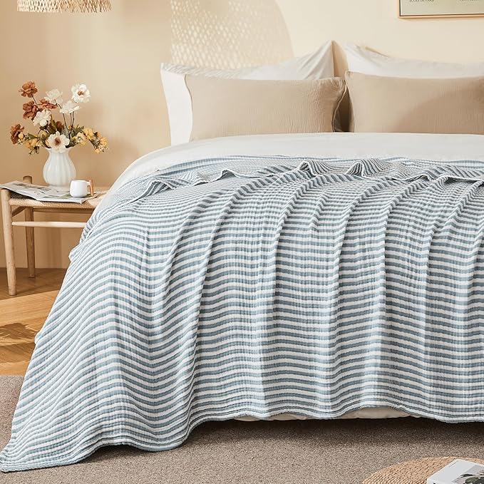EMME Cotton Muslin Large Throw Blanket Couch 4-Layer Breathable Gauze Soft Lightweight Bed Blankets Adults (Striped Teal, 50"x71")