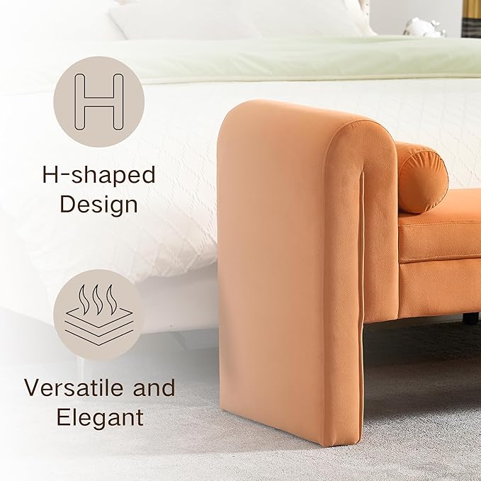 60.5" Velvet Upholstered Entryway Bench, Ottoman Bench End of Bed Bench with Armrest, Bedroom Bench with 2 Lumbar Pillows, Benches for Foot of Bed for Living Room, Hallway (Orange)