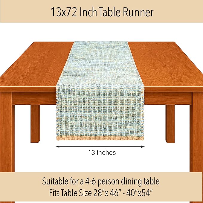 Chardin home Natural Jute Table Runner 13x72 Inch – Vintage Boho Rustic Table Decor – Handwoven Table Runner in Natural Jute and Sky Blue-White – Farmhouse Dining or Console Table Accent