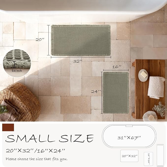 DWCN Waffle Bathroom Mat Set, Super Absorbent Non Slip Bath Rug Set for Bath Floor, Shower Mats 2 Pcs for Tub, Washable Kitchen Rugs for Farmhouse Boho Home Decor, 24"x16"Plus 32"x20", Olive Green