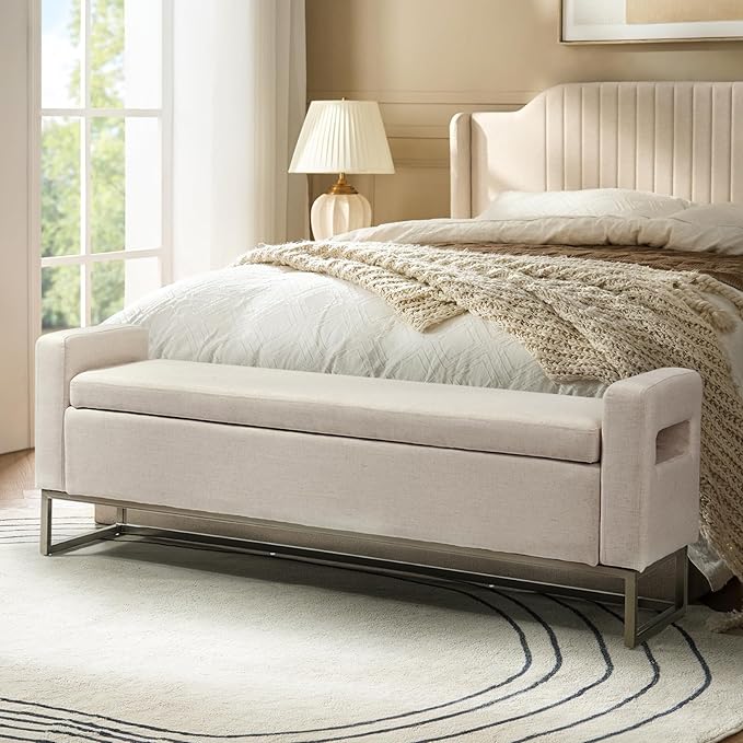 58.4" Ottoman with Storage,Upholstered Entryway Bench for Bedroom and Living Room,End of Bed Bench with Metal Base，Beige