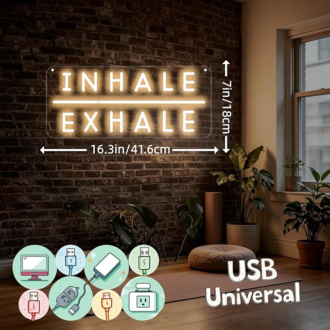 Inhale Exhale LED Neon Sign, USB Dimmable Neon Wall Decor for Yoga Studio, Meditation Room, Bedroom, Gym, Spa, Wellness Space, and Home Studio, Reading Room, Pilates Gift, Aesthetic Neon Sign Wall Quote-Warm White/Ice Blue-16.4" x 7"