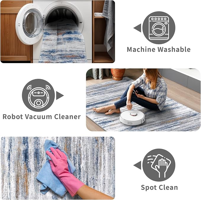 3x6 Washable Runner Rug for Family: Easy-to-Clean Runners for Hallway Entryway Kitchen Bedroom - Stain and Water Resistant Rugs with Non-Slip Backing - Soft Low-Pile Carpet Navy Grey