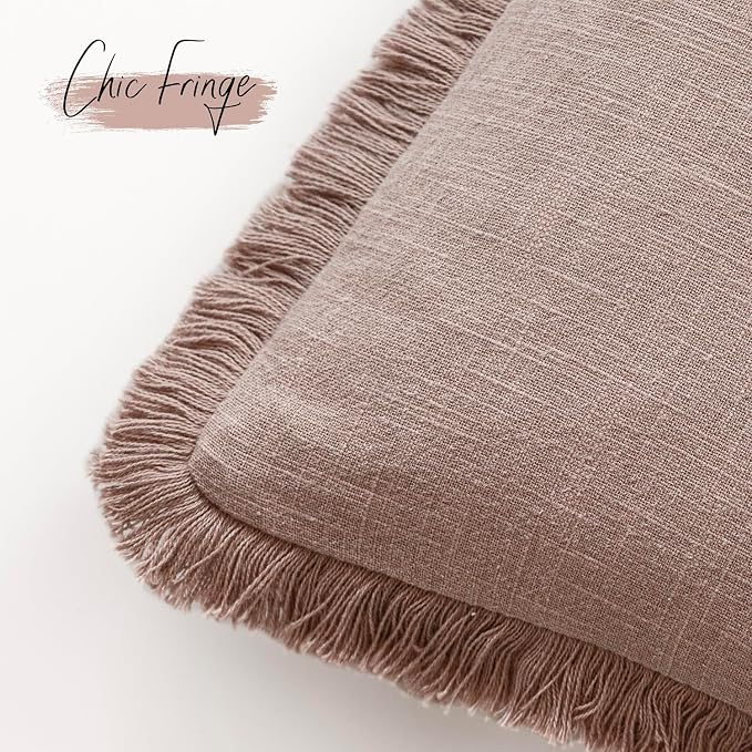Foindtower Set of 2 Decorative Linen Fringe Lumbar Throw Pillow Covers Farmhouse Cushion Cover with Tassels Soft Accent Pillowcase for Couch Sofa Bed Living Room Home Decor,12×20 Inch,Dusty Pink