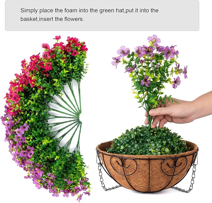 HyeFlora Artificial Faux Hanging Plants Flowers Basket for Spring Summer Outdoor Outside Decoration, Fake Silk Colorful Daisy Eucalyptus in Planter UV Resistant Realistic for Porch Patio Balcony Yard
