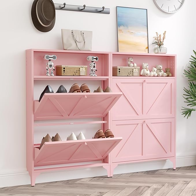 Shoe Storage Cabinet for Entryway with 2 Flip Drawers, Freestanding Shoe Organizer with Legs,Farmhouse Narrow Shoe Storage Cabinet for Entryway, Foyer,Living Room (2-Doors, Pink)
