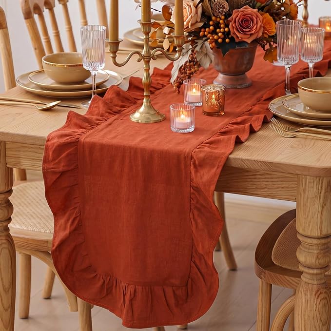 Terracotta Ruffled Table Runner 72 Inches Long Scalloped Table Runner Rustic Cotton Tabletop Farmhouse Decor for Baby Shower Bride Shower Birthday Party Holiday Wedding(Solid Color)