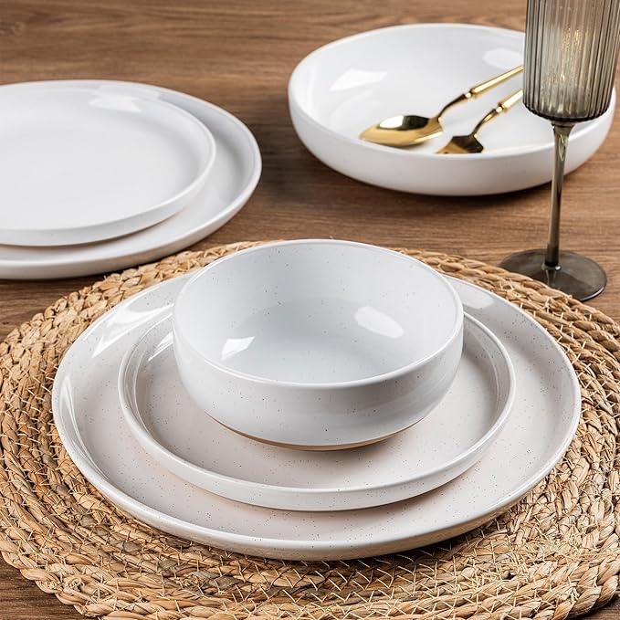 AmorArc Ceramic Dinnerware Sets for 6, 18 Pieces Handpainted Plates and Bowls Set with Rustic Terracotta Underside, Scratch Resistant Stoneware Dishes Set, Dishwasher & Microwave Safe, White