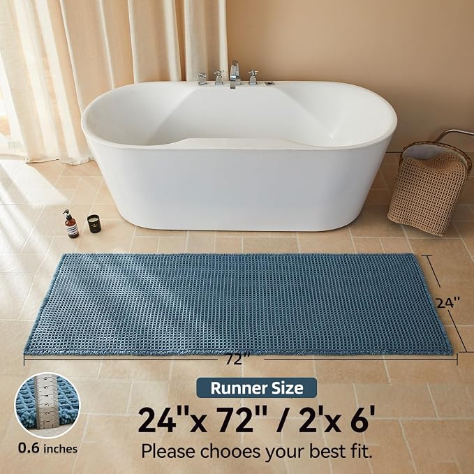 Triohero Waffle Runner Bath Mat - Long Bathroom Rugs Non Slip Washable, Ultra Soft Super Absorbent Quick Dry Boho Farmhouse Bathroom Decor, 24" x 72", Denim Blue