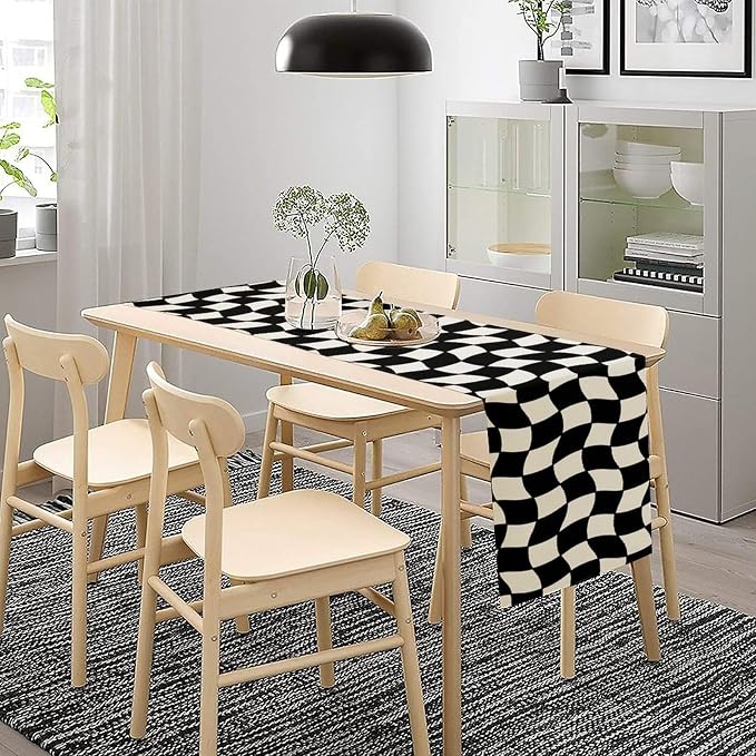 Black White Plaid Table Runner Hippie Abstract Plaid Racing Car Birthday Party Decoration Kitchen Dining Room Decor 13x36in