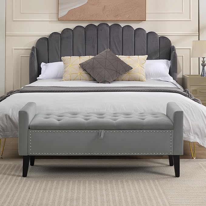 WUTUTUEE 47" Velvet Storage Bench, Upholstered Bed Bench with Storage, End of Bed Ottoman with Wooden Legs,Bedside Storage Bench for Bedroom, Living Room, or Entryway, Dark Grey