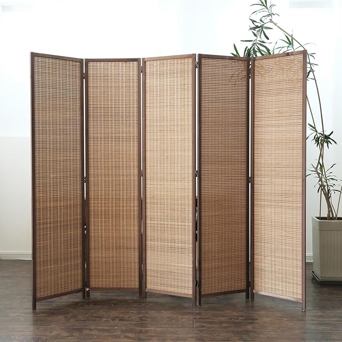 Furnnylane 5 Panel Bamboo Room Divider - 5.6 ft Tall Folding Privacy Screen for Room Separation, Natural Brown Freestanding Partition Wall for Home Office (67" H x 76.75" W)