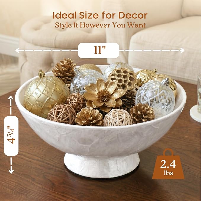 Chi An Home 11” White Capiz Shell Decorative Bowl, Large Footed Centerpiece Bowl for Kitchen Island Decor, Modern Farmhouse Fruit Bowl for Entryway & Home Décor Accents