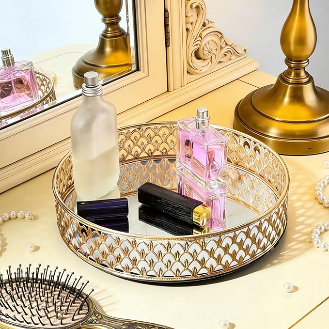 Glass and Gold Round Tray，Dinner Plate Perfume and Vanity Tray Decorative Mirrored Vanity Tray with Gold Metal Cutout Design, Glass and Metal Jewelry Organizer (10 Inch Round)