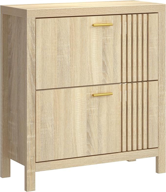 Shoe Storage Cabinet for Entryway with 2 Flip Drawers, 31.5" Narrow Fluted Shoe Organizer Cabinet, Slim Wooden Shoe Rack Cabinet, Freestanding Hidden Shoe Cabinet for Hallway, Entrance (Natural Oak)